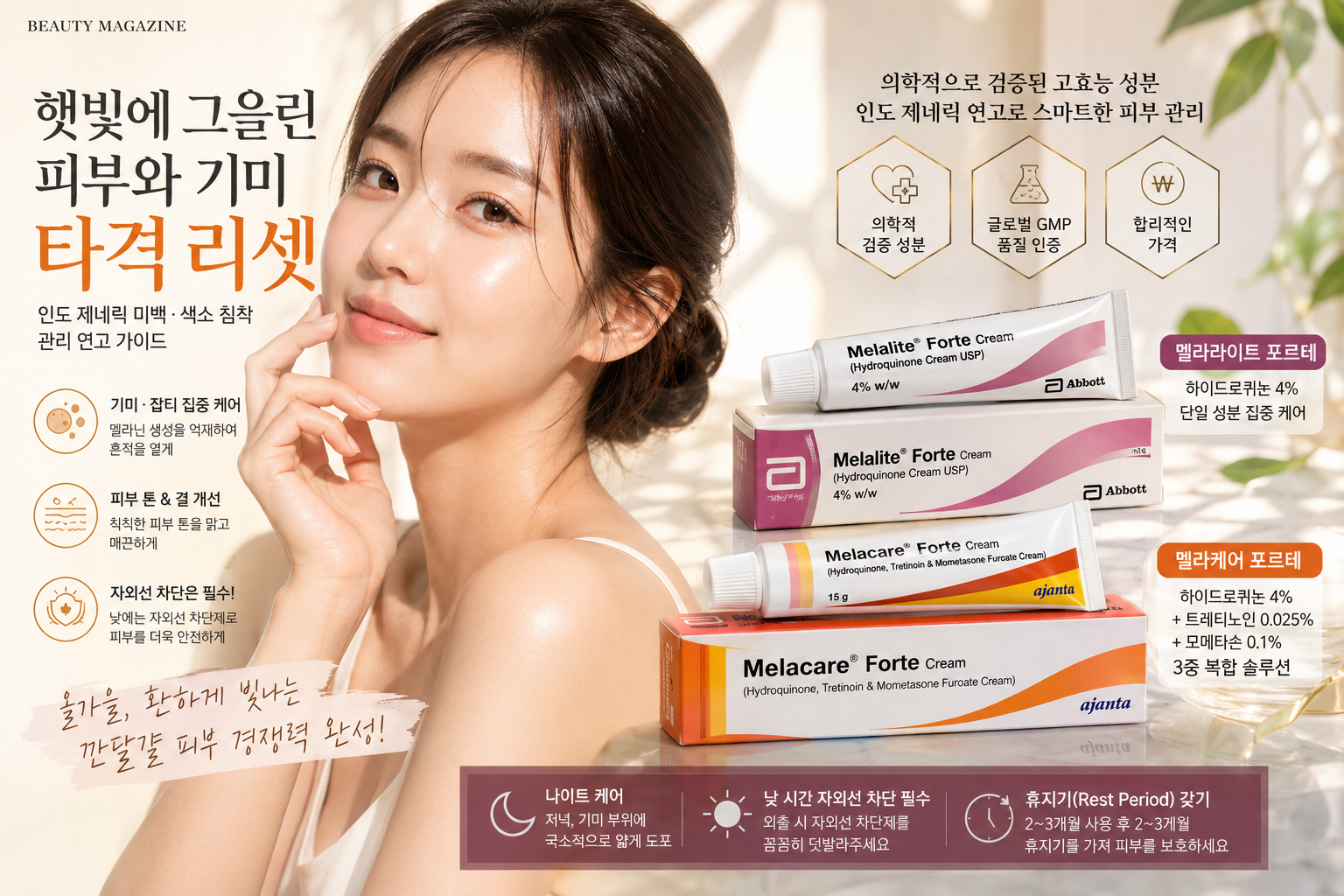 [뷰티 매거진] 햇빛에 그을린 피부와 기미 타격 리셋: 인도 제네릭 미백·색소 침착 관리 연고 가이드